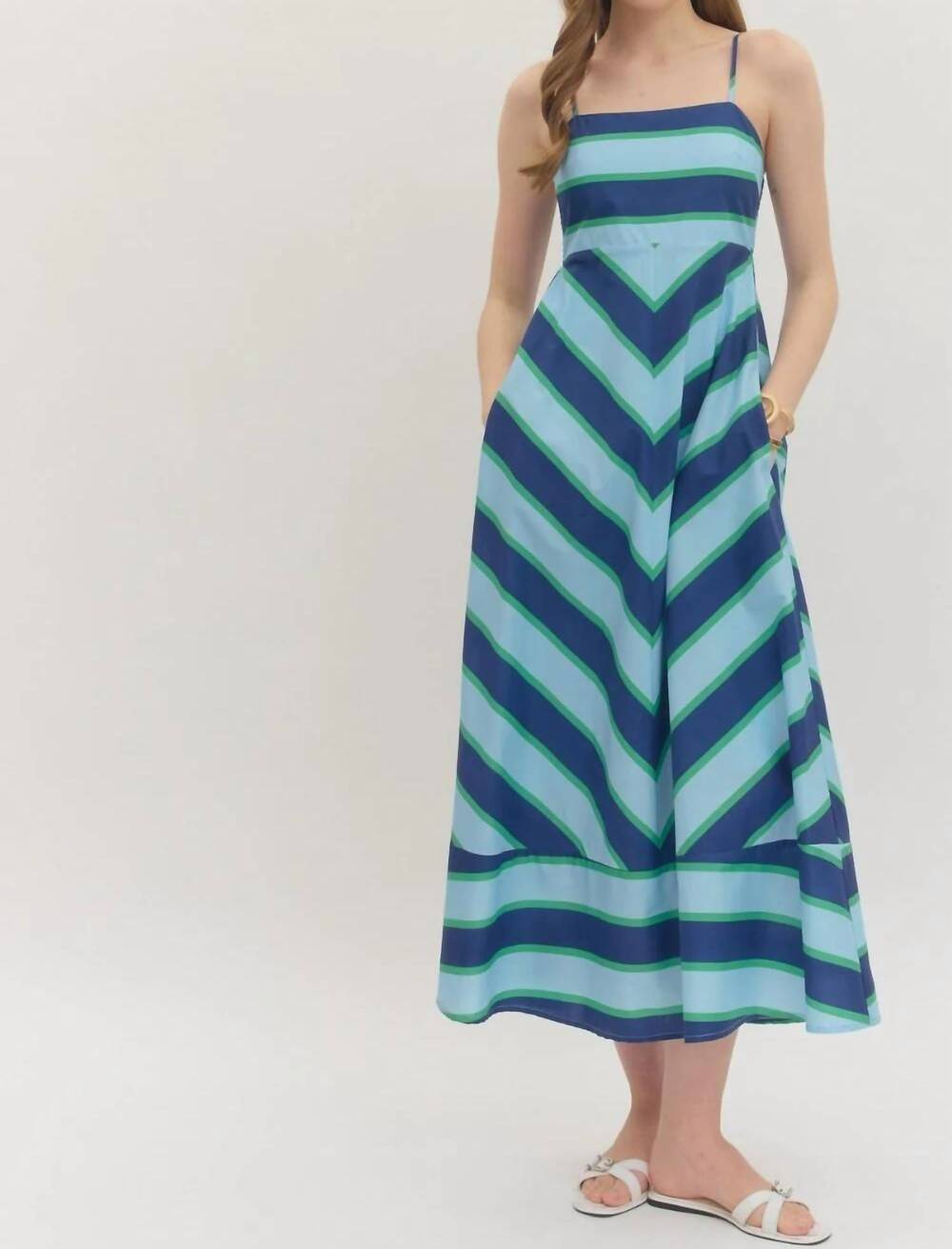 NEW ENTRO darlene sleeveless midi dress in navy blue / green stripe